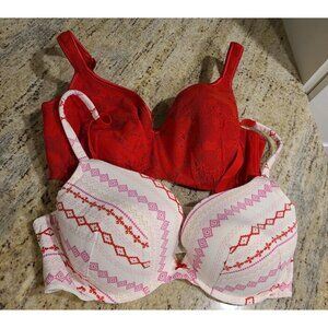 Lot of 2 Size 40DD Cacique Bras Cotton Boost Plunge & Lace Balconette Red Pink